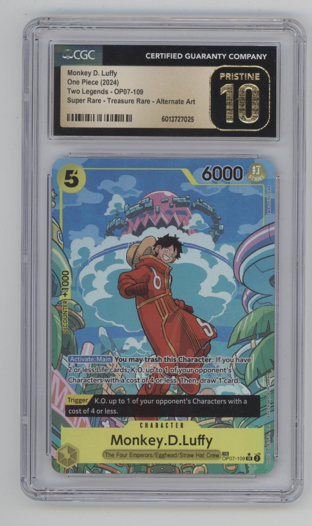 Monkey D Luffy One Piece OP07 Super Treasure Rare Alt Art CGC 10 Pristine