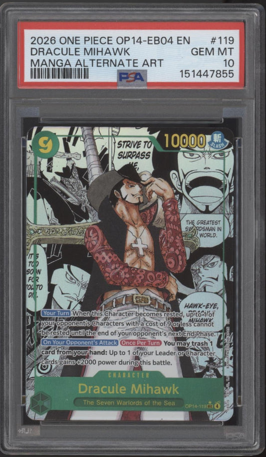 Dracule Mihawk One Piece Card Game OP14-EB04 Manga Alternate Art #119 PSA 10
