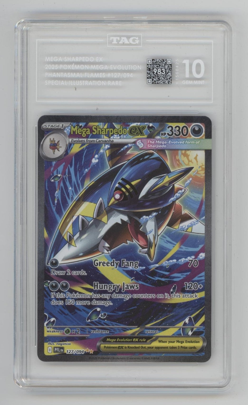 Mega Sharpedo ex Pokemon Phantasmal Flames Special Illustration Rare #127 TAG 10
