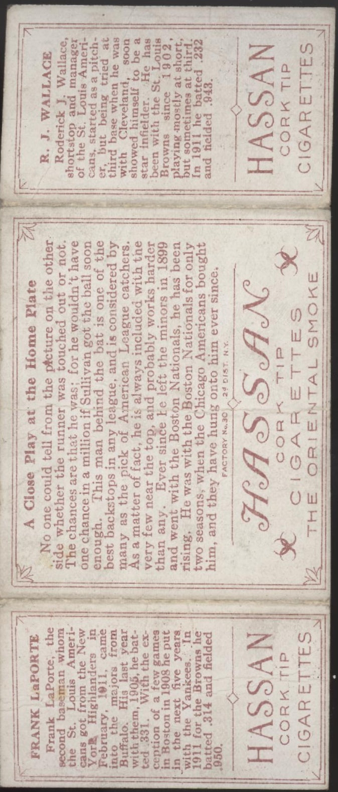 Frank LaPorte RJ Wallace 1912 Hassan Triple Fold A Close Play at Home Plate PR