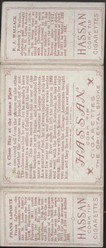 Frank LaPorte RJ Wallace 1912 Hassan Triple Fold A Close Play at Home Plate PR