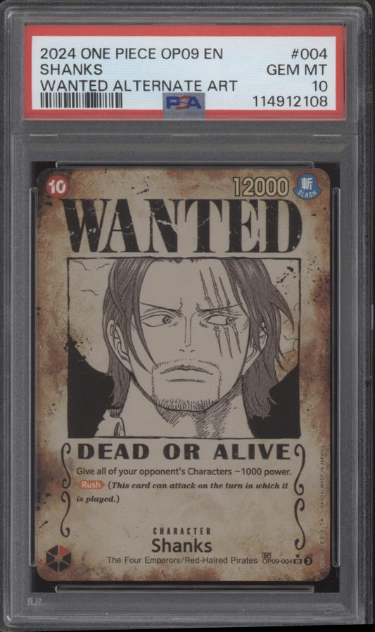 Shanks One Piece Card Game OP09 Wanted Alternate Art #004 PSA 10