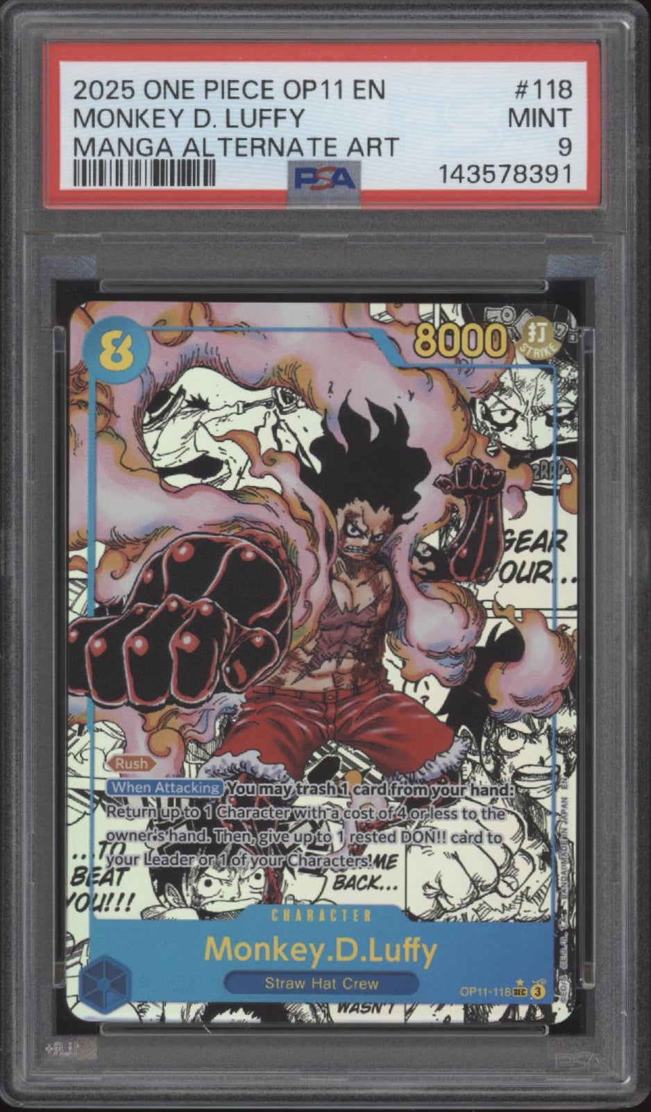 Monkey D Luffy One Piece Card Game OP11 Manga Alternate Art #118 PSA 9