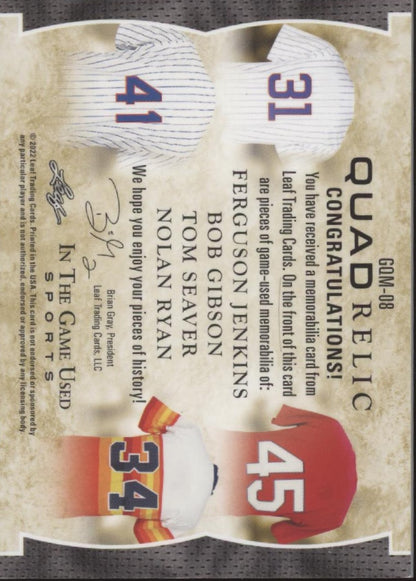 Jenkins Gibson Seaver Ryan 2022 Leaf In the Game Used Quad Relic Green 2/2