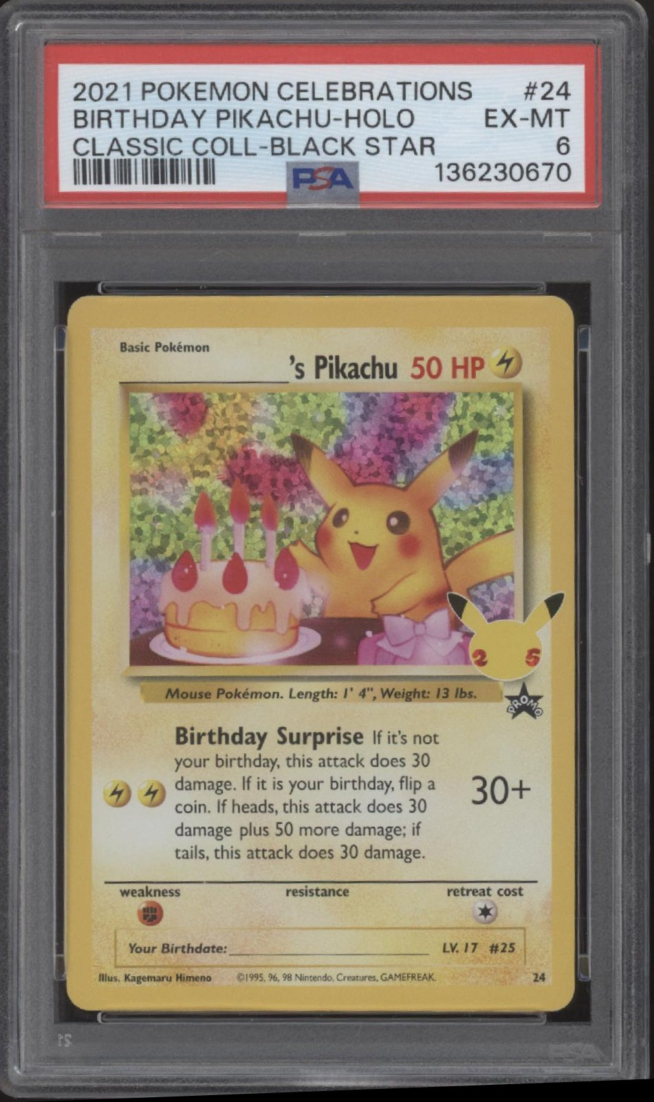 Birthday Pikachu Pokemon Celebrations Classic Collection Black Star Holo PSA 6