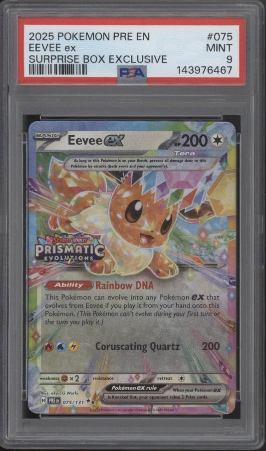 Eevee ex Pokemon Prismatic Evolutions Surprise Box Exclusive #075 PSA 8