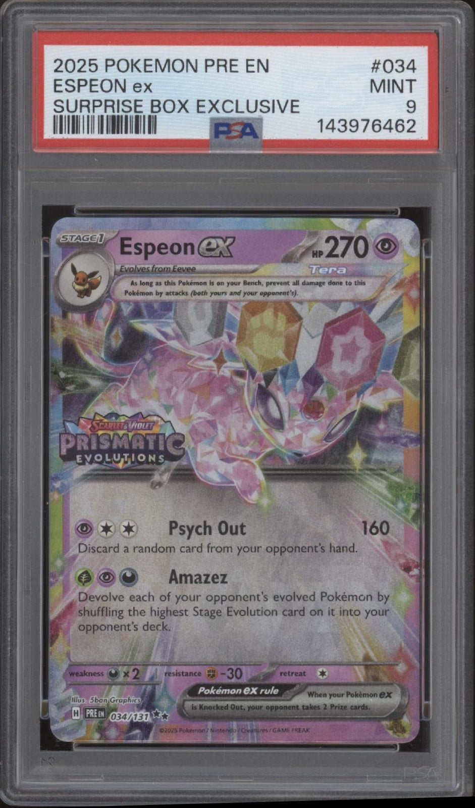 Espeon ex Pokemon Prismatic Evolutions Surprise Box Exclusive #034 PSA 9 #2