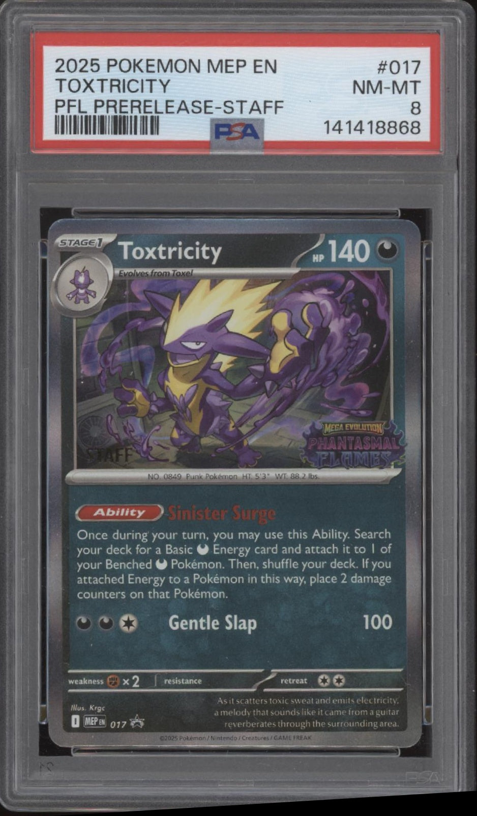 Toxtricity Pokemon Mega Evolution PFL Prerelease Staff Promo #017 PSA 8