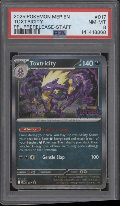 Toxtricity Pokemon Mega Evolution PFL Prerelease Staff Promo #017 PSA 8