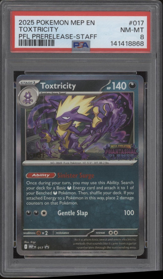 Toxtricity Pokemon Mega Evolution PFL Prerelease Staff Promo #017 PSA 8