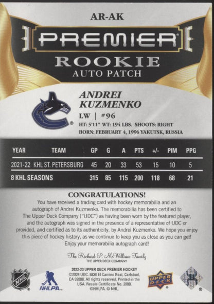 Andrei Kuzmenko 2022-23 Upper Deck Premier Swatch RC Auto 06/99 #AR-AK