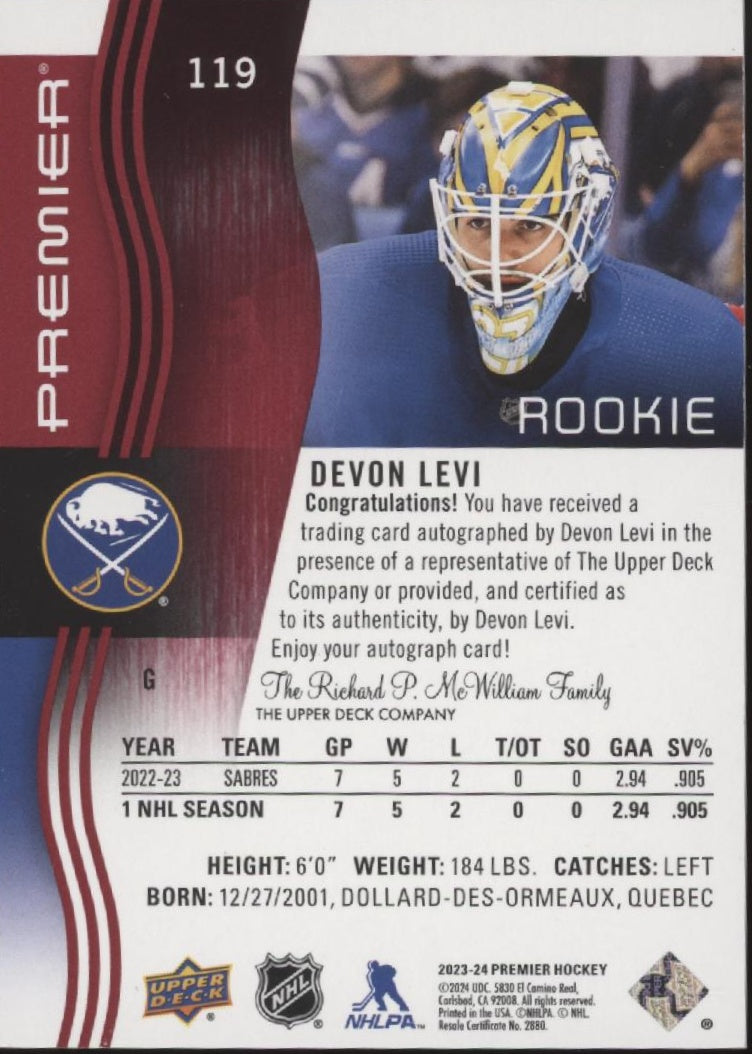 Devon Levi 2023-24 Upper Deck Premier Red RC Auto #119