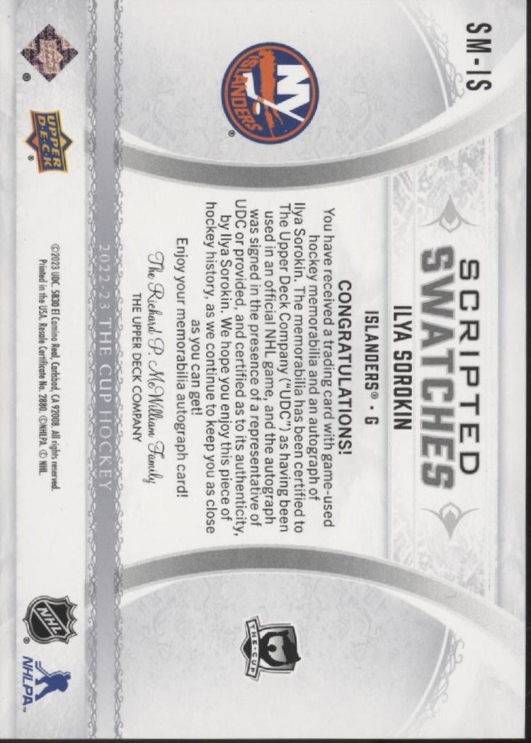 Ilya Sorokin 2022-23 Upper Deck The Cup Scripted Swatches Auto #SM-IS