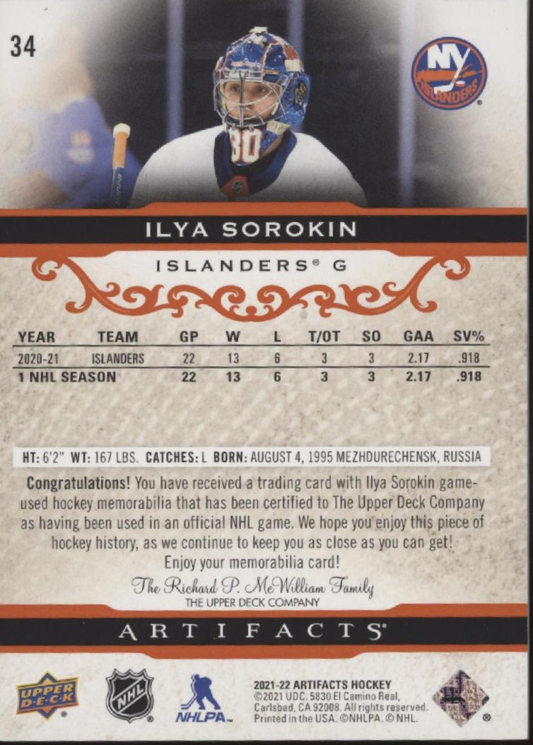 Ilya Sorokin 2021-22 Upper Deck Artifacts Orange Swatch 02/15 #34