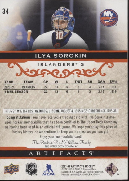 Ilya Sorokin 2021-22 Upper Deck Artifacts Orange Swatch 02/15 #34