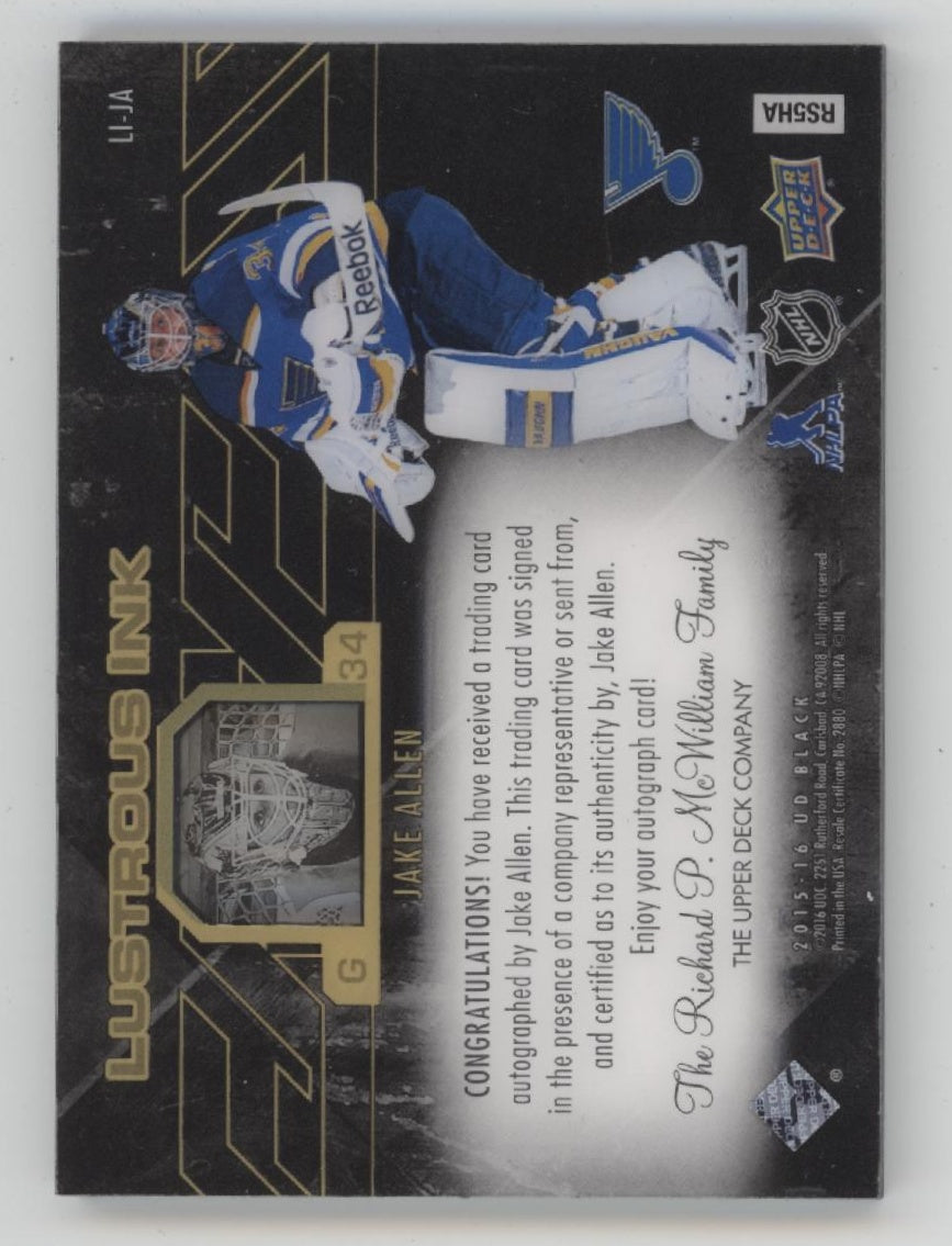 Jake Allen 2015-16 Upper Deck Black Lustrous Ink Auto 096/199 #LI-JA