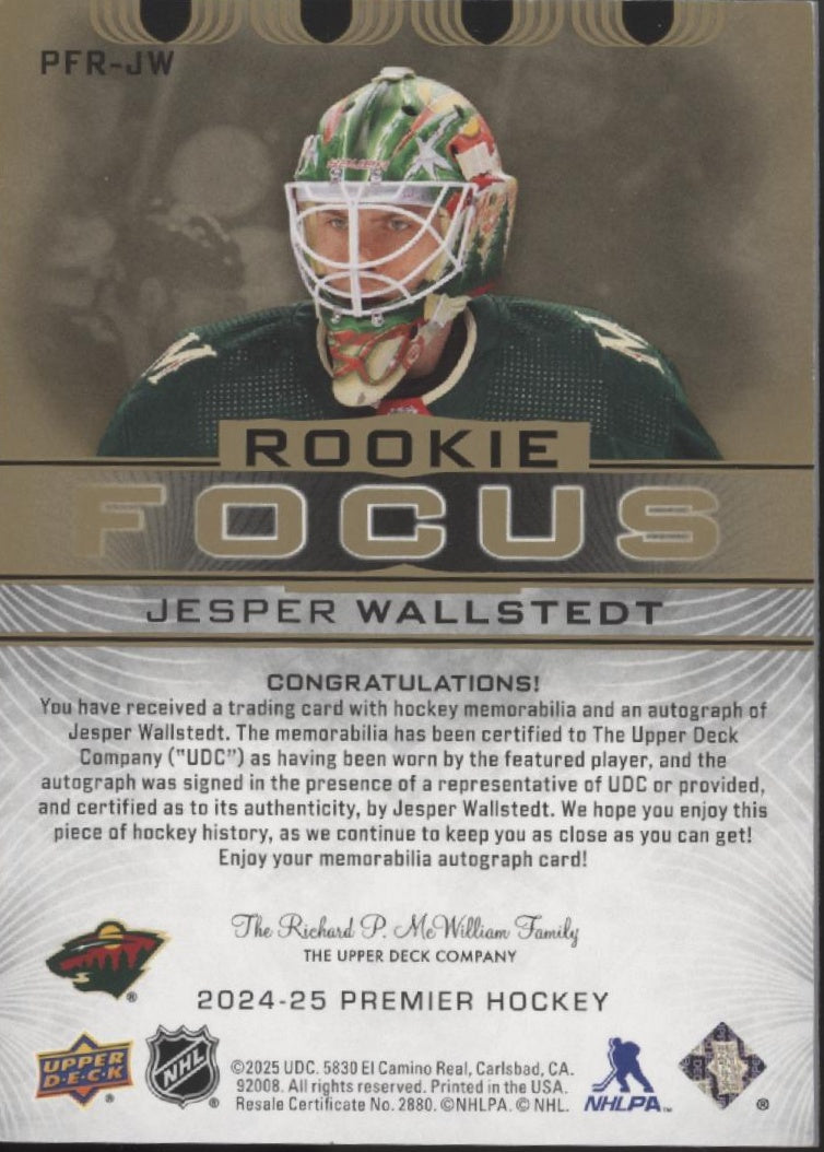 Jesper Wallstedt 2024-25 Upper Deck Premier Rookie Focus Swatch RC Auto 08/49