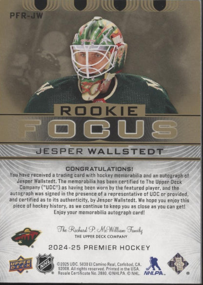 Jesper Wallstedt 2024-25 Upper Deck Premier Rookie Focus Swatch RC Auto 08/49