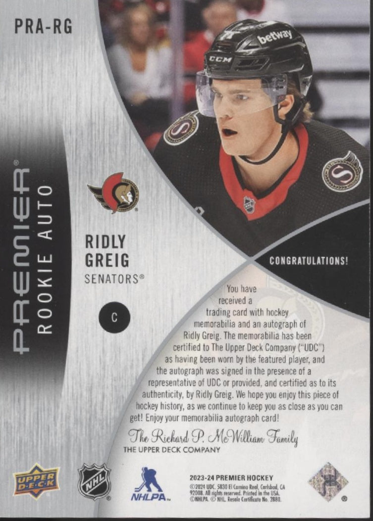 Ridly Greig 2023-24 Upper Deck Premier Swatch RC Auto 92/99 #PRA-RG