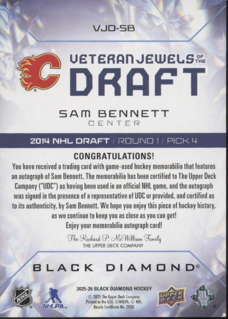 Sam Bennett 2025-26 UD Black Diamond Veteran Jewels Draft Swatch Auto 49/49