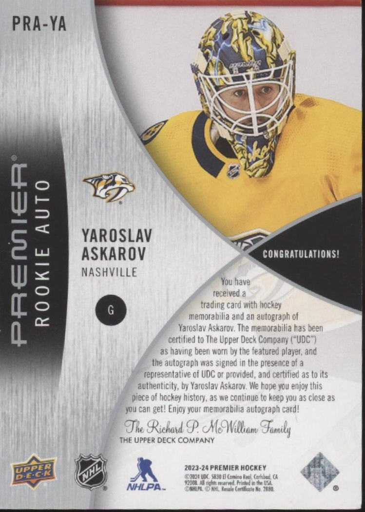 Yaroslav Askarov 2023-24 Upper Deck Premier Swatch RC Auto 24/25 #PRA-YA