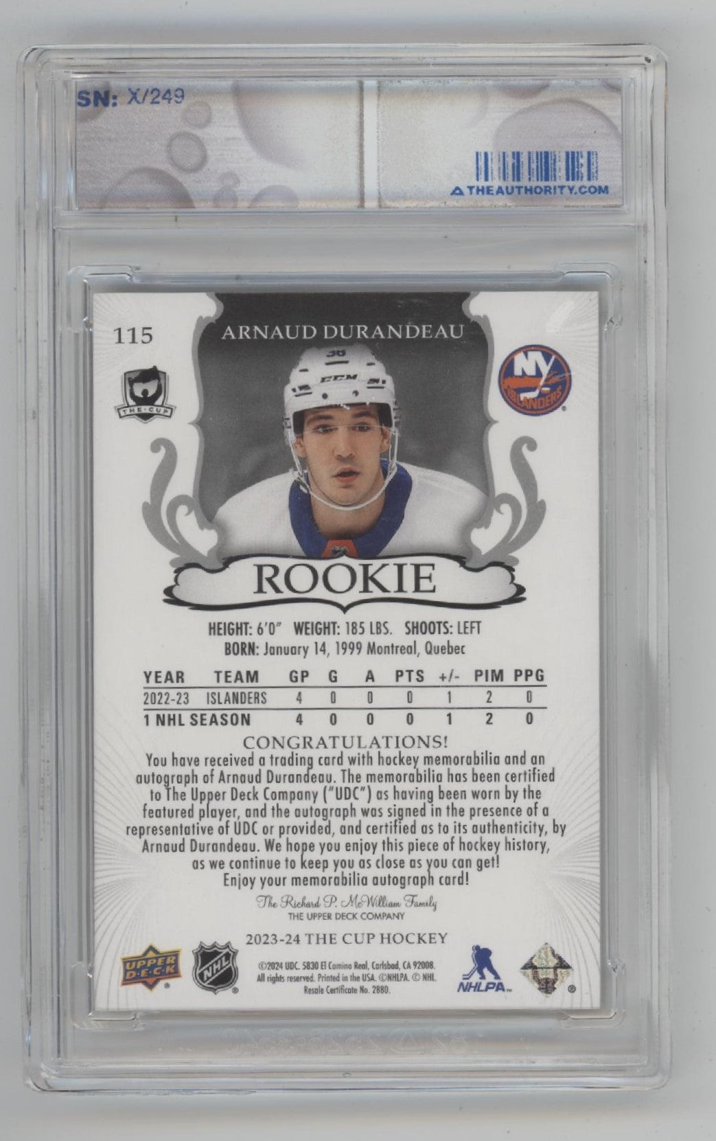 Arnaud Durandeau 2023-24 Upper Deck The Cup Swatch RC Auto 196/249 #115