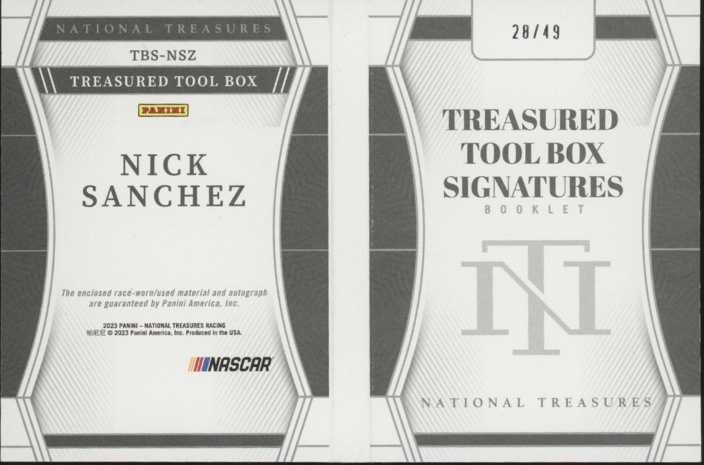 Nick Sanchez 2023 Panini National Treasures Tool Box Swatch Auto 28/49 #TBS-NSZ