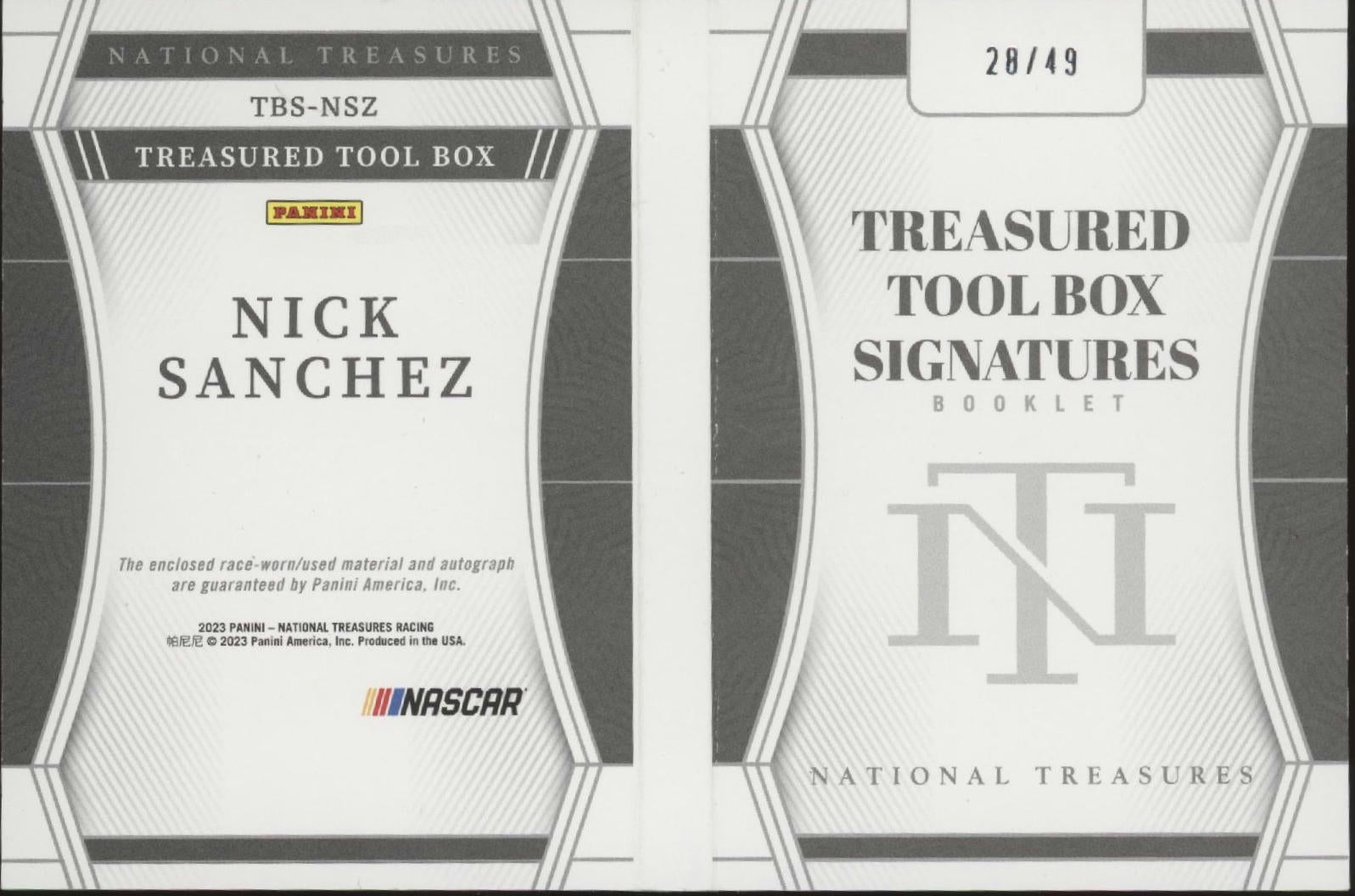 Nick Sanchez 2023 Panini National Treasures Tool Box Swatch Auto 28/49 #TBS-NSZ