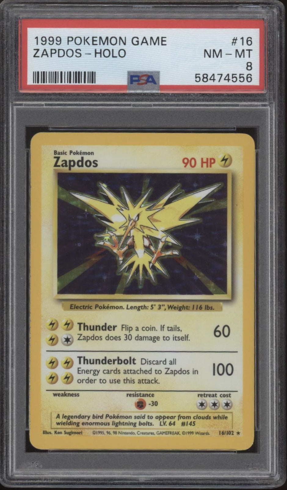 Zapdos Pokemon Base Set Holo #16 PSA 8