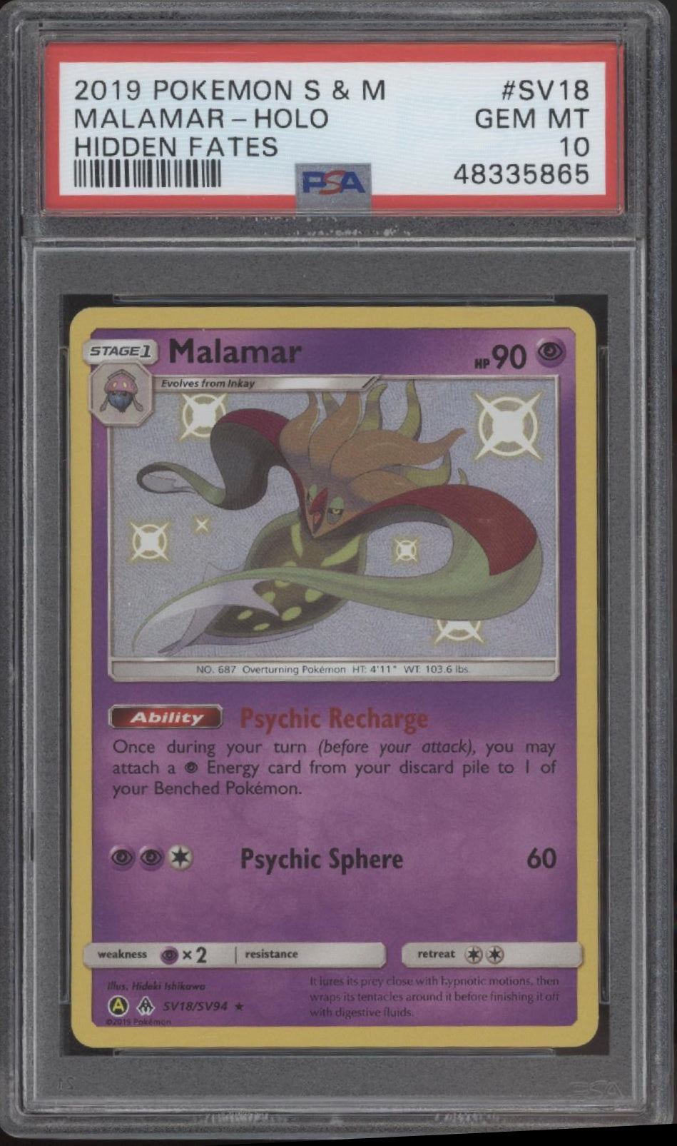 Malamar Pokemon Hidden Fates Holo #SV18 PSA 10