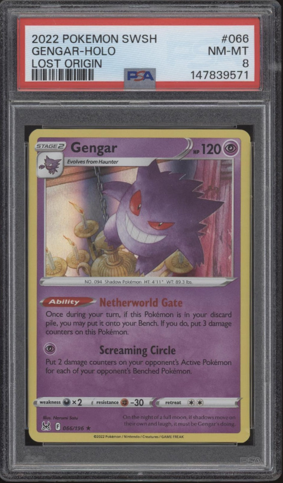 Gengar Pokemon Lost Origin Holo #066 PSA 8