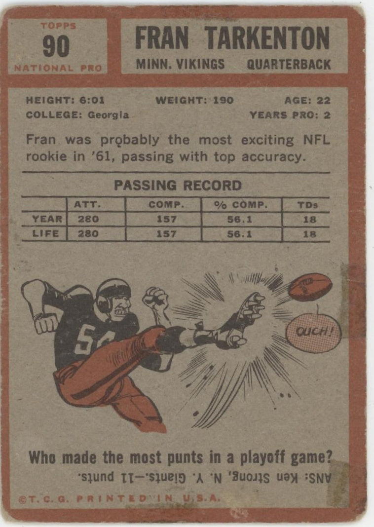 Fran Tarkenton 1962 Topps RC #90 Minnesota Vikings GD