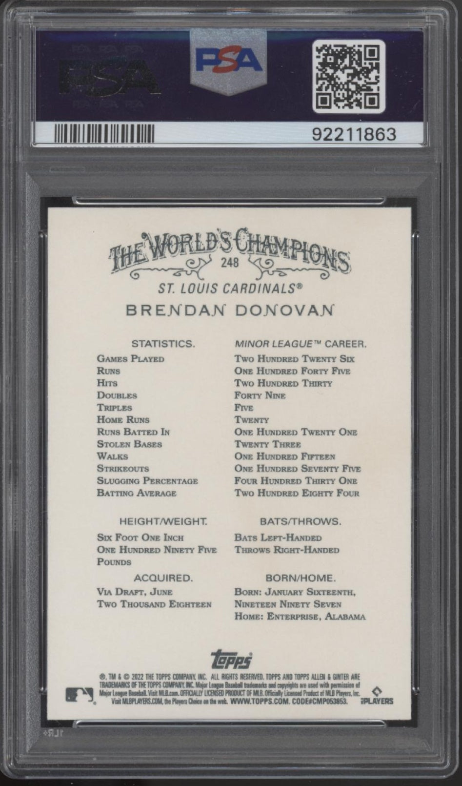 Brendan Donovan 2022 Topps Allen & Ginter X RC #248 PSA 10
