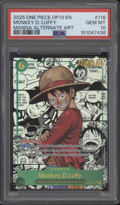 manga ace one piece card game Monkey D Luffy One Piece Card Game OP13 Manga Alternate Art #118 PSA 10