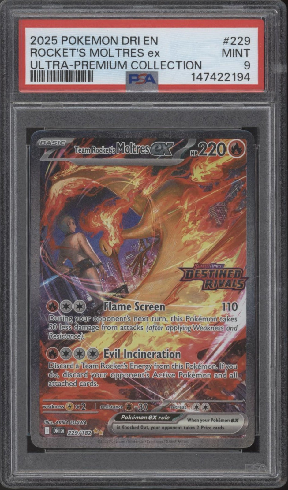Rocket's Moltres ex Pokemon Destined Rivals Ultra Premium Collection #229 PSA 9