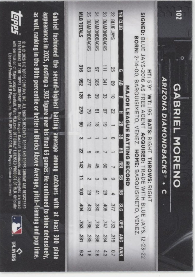 Gabriel Moreno 2026 Topps Chrome Black Mini Diamond Refractor 05/10 #102