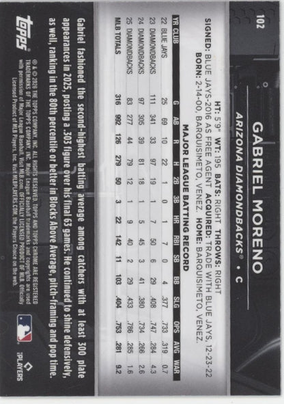 Gabriel Moreno 2026 Topps Chrome Black Mini Diamond Refractor 05/10 #102