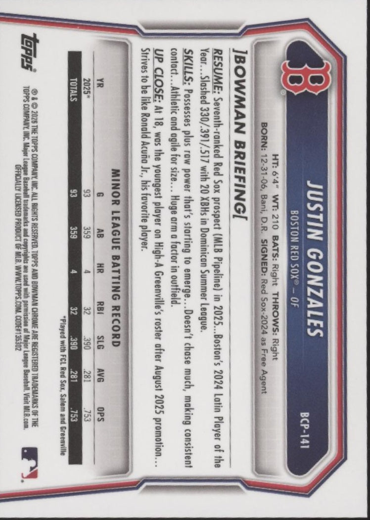 Justin Gonzales 2026 Bowman Chrome Scale Refractor #BCP-141