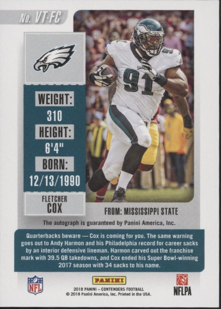 Fletcher Cox 2018 Panini Contenders Playoff Ticket Auto 25/49 #VT-FC