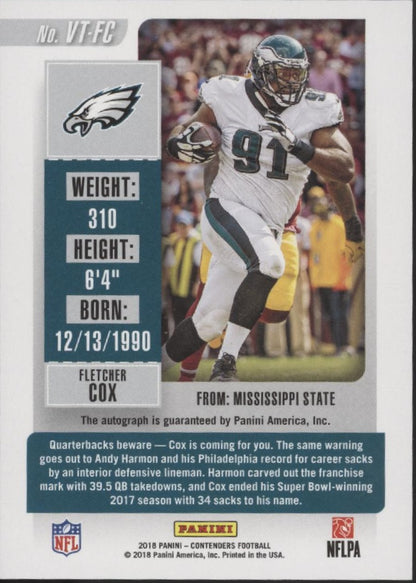 Fletcher Cox 2018 Panini Contenders Playoff Ticket Auto 25/49 #VT-FC
