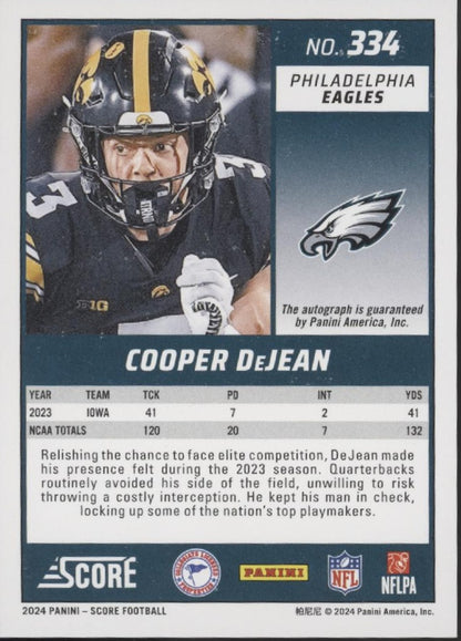 Cooper DeJean 2024 Panini Score Green RC Auto #334