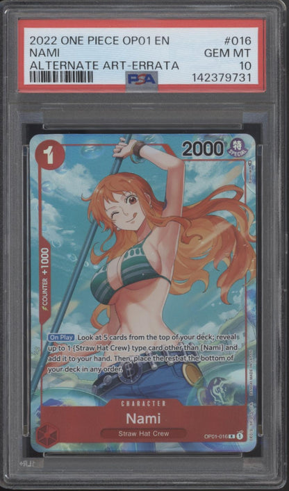 Nami One Piece Card Game OP01 Alternate Art Errata #016 PSA 10