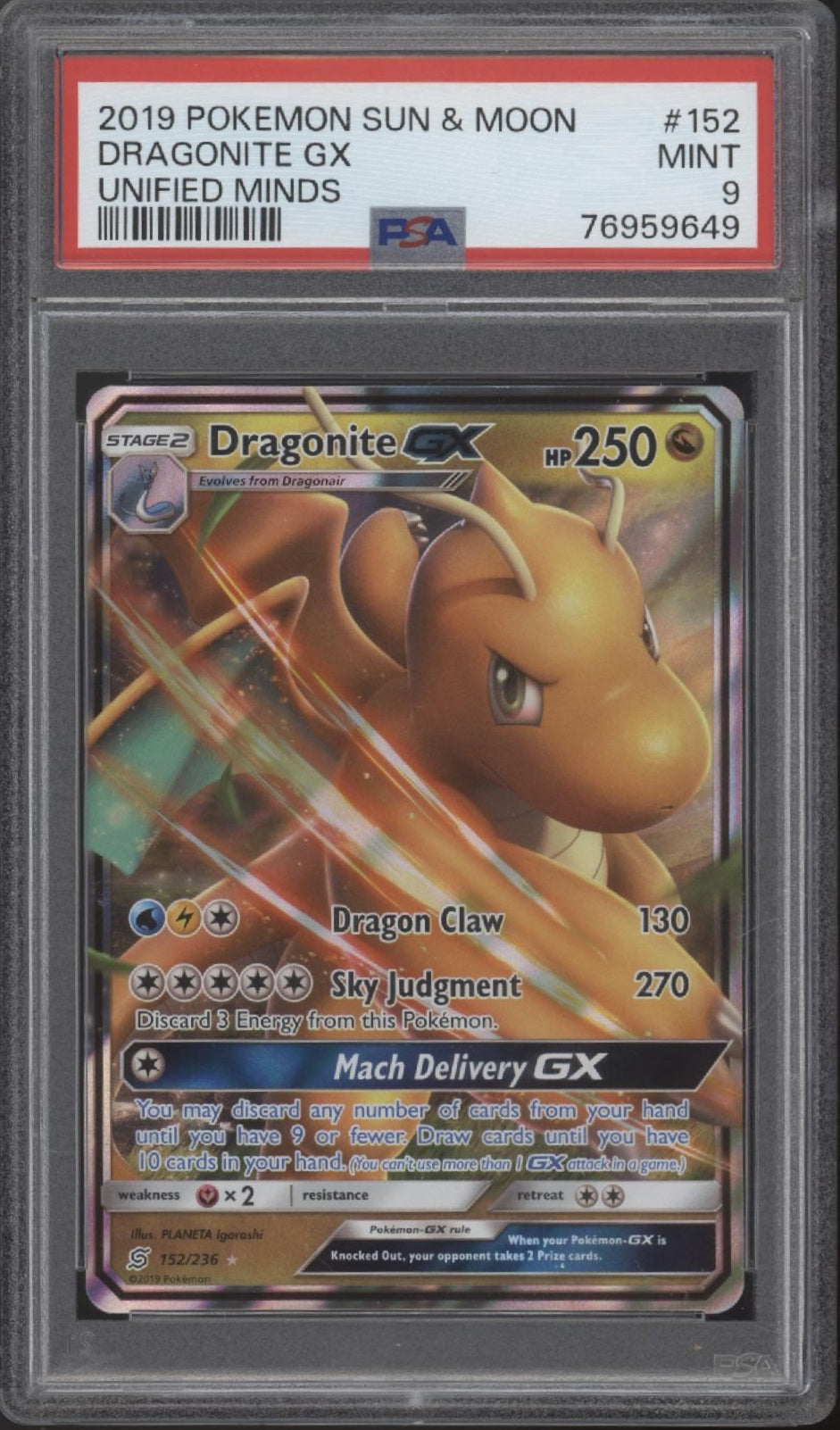 Dragonite GX Pokemon Unified Minds #152 PSA 9