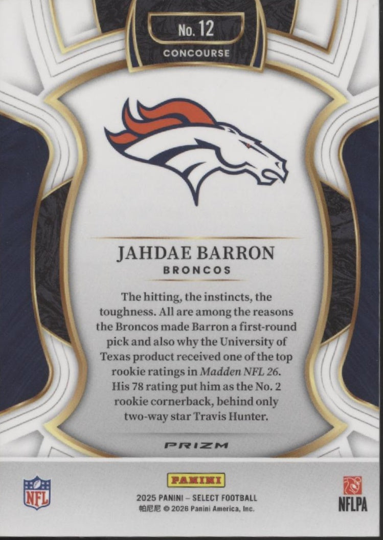 Jahdae Barron 2025 Panini Select Zebra Prizm RC #12