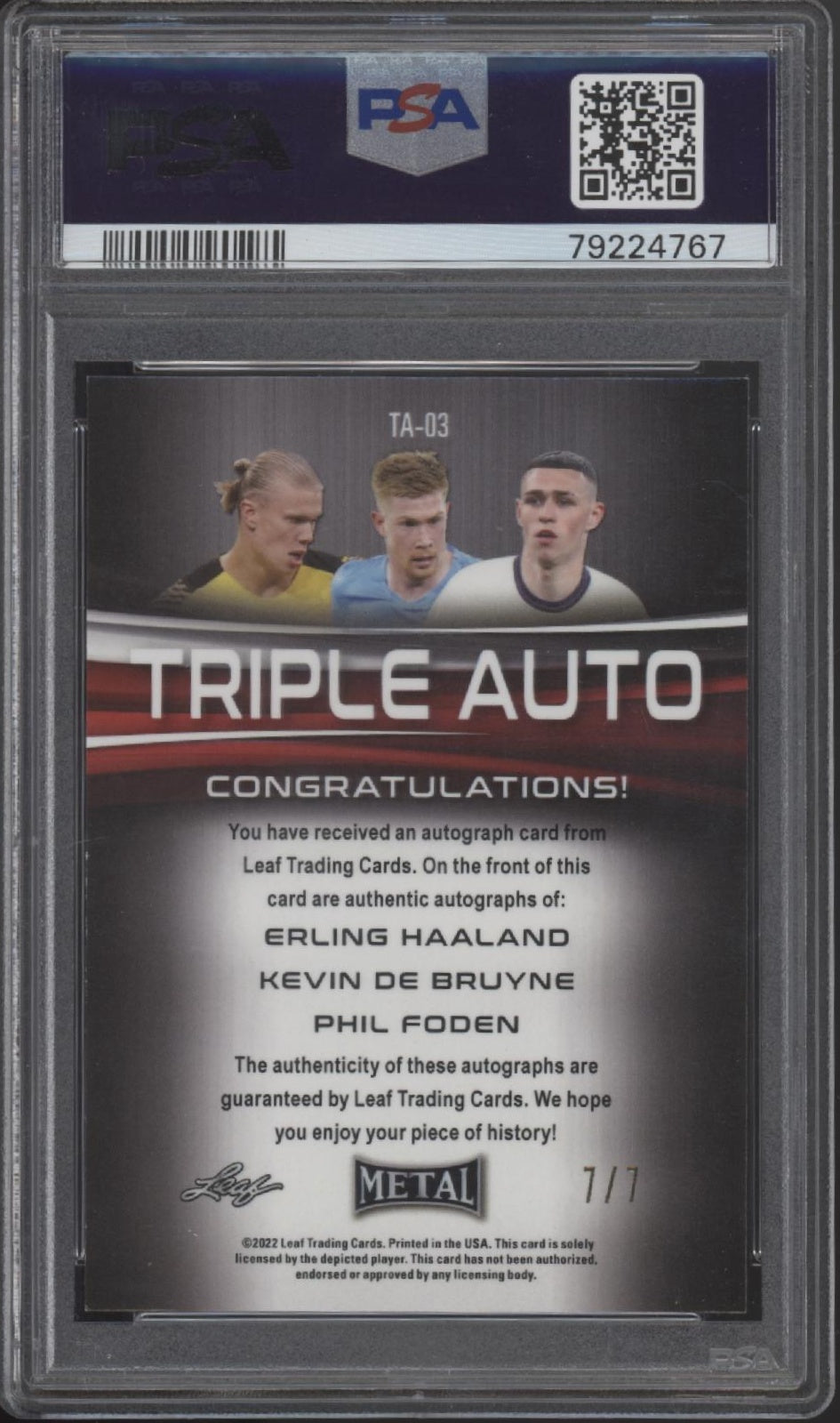 Haaland / De Bruyne / Foden 2022 Leaf Metal Triple Autos #TA03 PSA 9 / 10 Autos