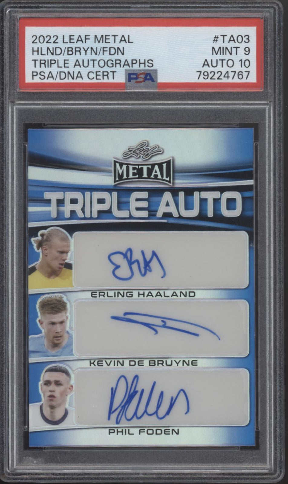 Haaland / De Bruyne / Foden 2022 Leaf Metal Triple Autos #TA03 PSA 9 / 10 Autos