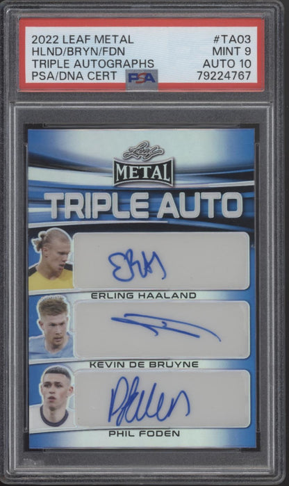 Haaland / De Bruyne / Foden 2022 Leaf Metal Triple Autos #TA03 PSA 9 / 10 Autos