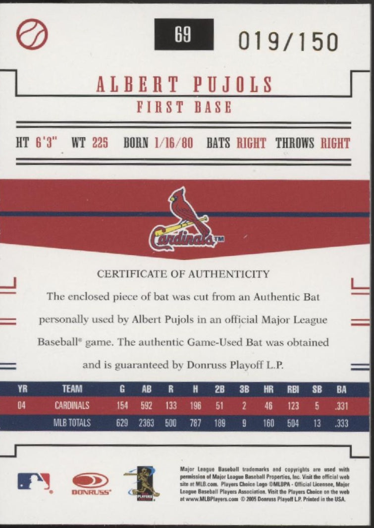 Albert Pujols 2005 Donruss Prime Patches Bat Relic 019/150 #69