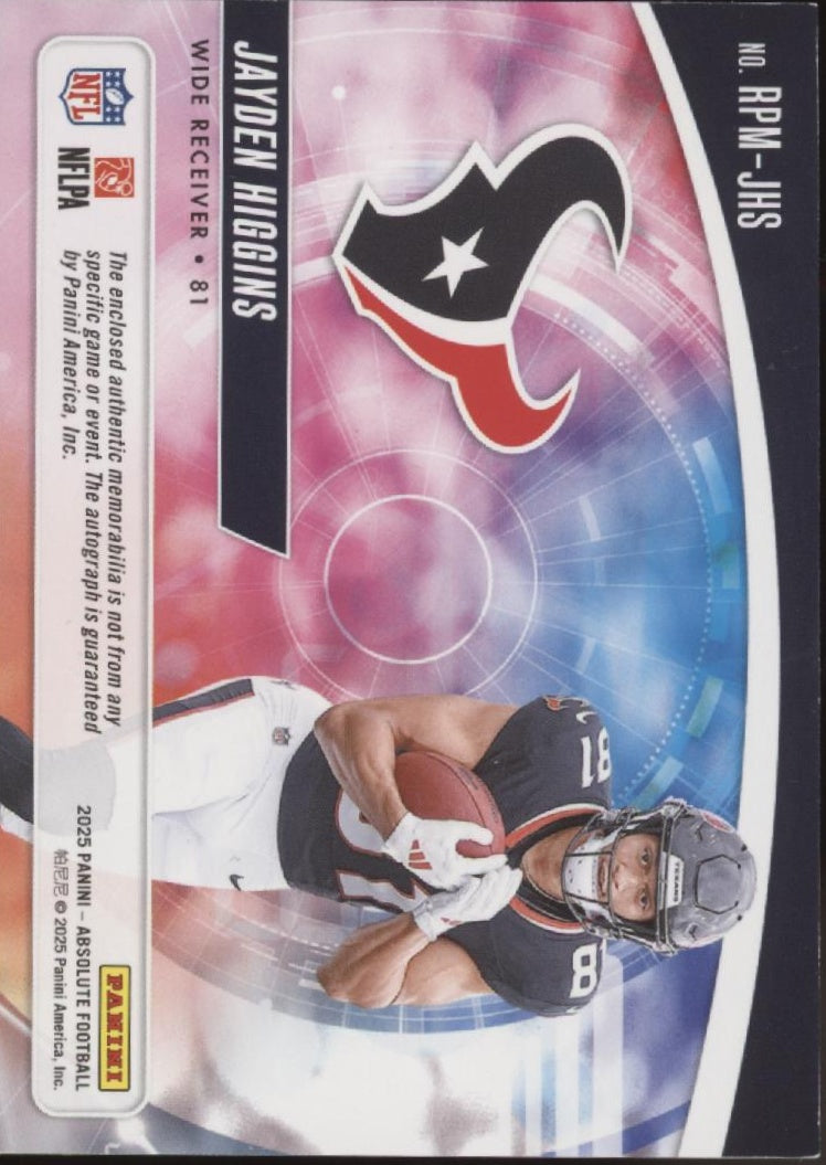 Jayden Higgins 2025 Panini Absolute Rookie Premiere Swatch RC Auto 21/99