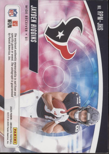 Jayden Higgins 2025 Panini Absolute Rookie Premiere Swatch RC Auto 21/99